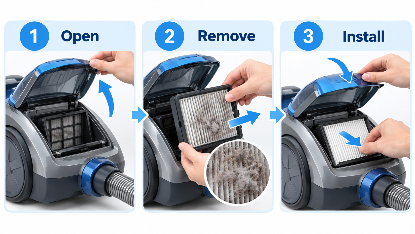 vacuum3 Installing a replacement pleated filter in a vacuum cleaner compartment
