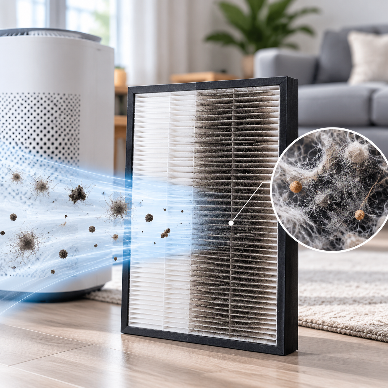 Air purifier filter darkened by trapped dust and soot beside a replacement filter Air purifier filter darkened by trapped dust and soot beside a replacement filter
