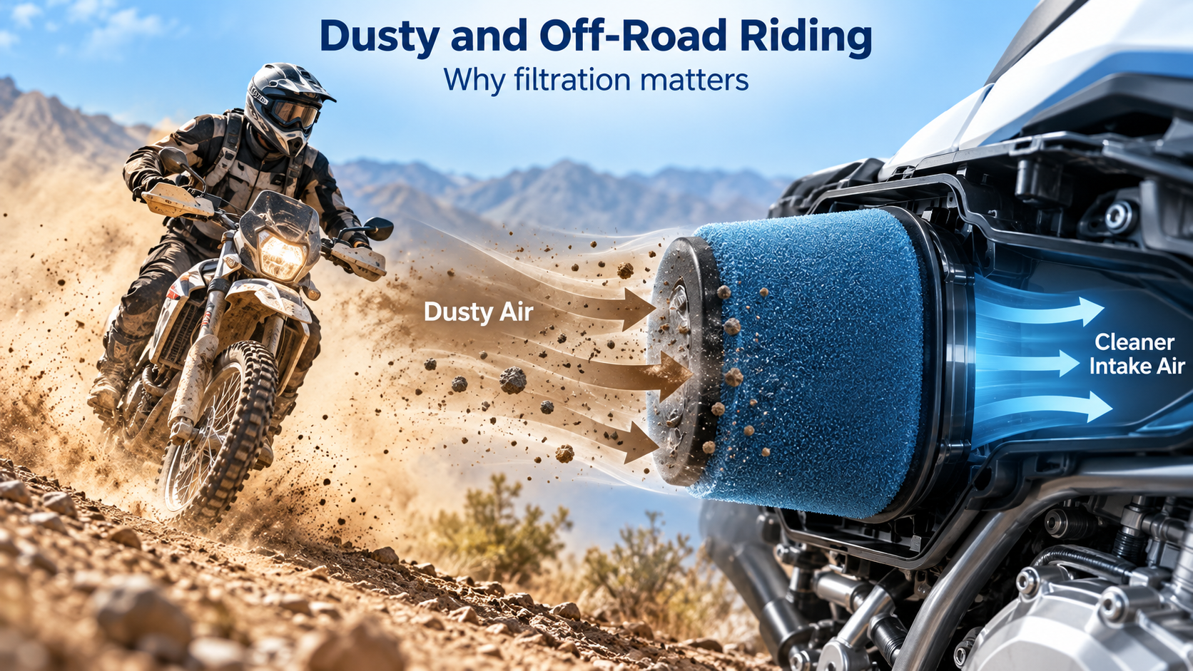 Motorcycle air filter protecting the engine from dust during off-road riding Motorcycle air filter protecting the engine from dust during off-road riding