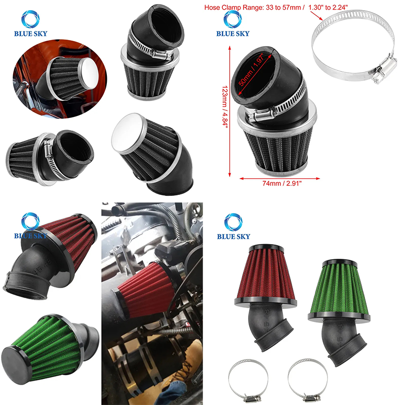 Universal Motorcycle Air Filter 35 48 50 mm Clamp-on 45 90 Degree Bend Inlet Intake Filter for Motorbike Accessories 
