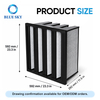 Activated carbon V-bank air filter for HVAC and AHU systems, with pleated molecular media for odor and VOC control