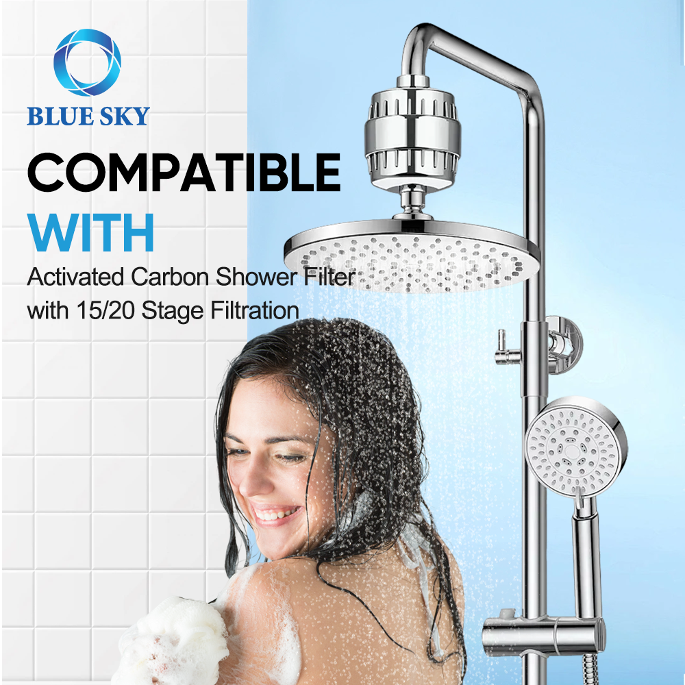 Silver-finish 15/20-stage shower filter with activated carbon and a replaceable cartridge for compatible bathroom shower fittings