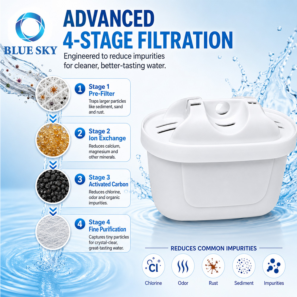 White water filter pitcher replacement cartridge with coconut shell activated carbon and multi-layer media for gravity filtration