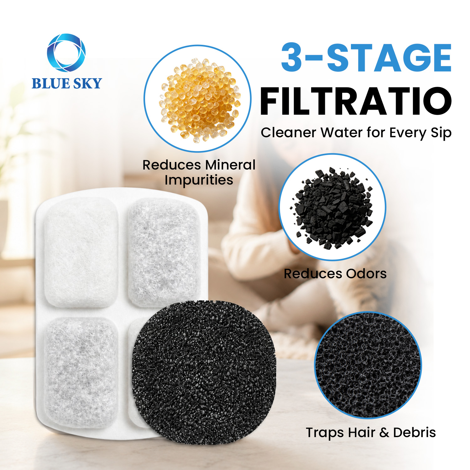 Replacement filter set compatible with FEELNEEDYs FN-W18 pet water fountain, containing eight water filters and eight pump sponges