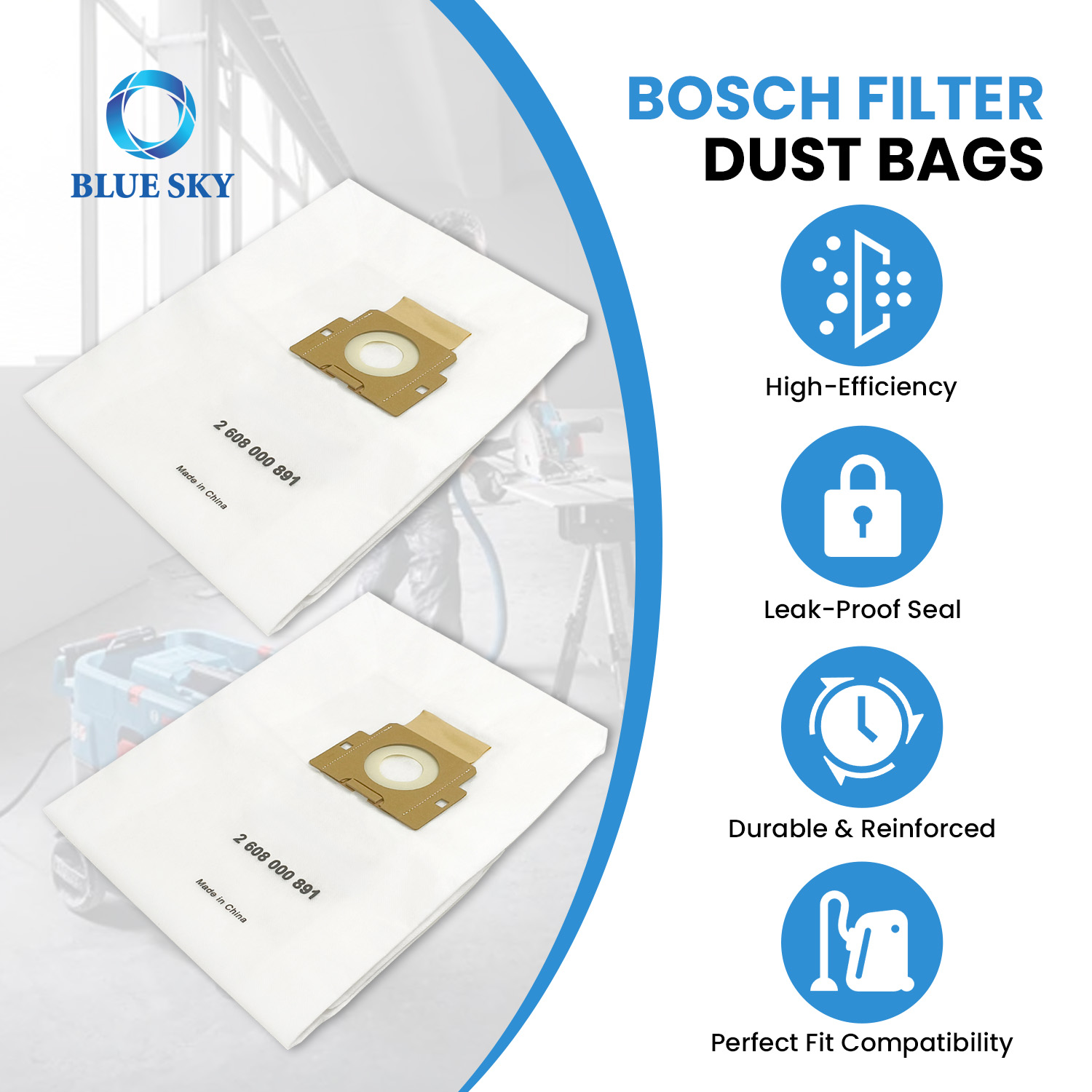 Vacuum cleaner filter bag replacement 2608000891 compatible with Bosch GAS 400 A and GAS 12-40 MA industrial vacuum cleaner