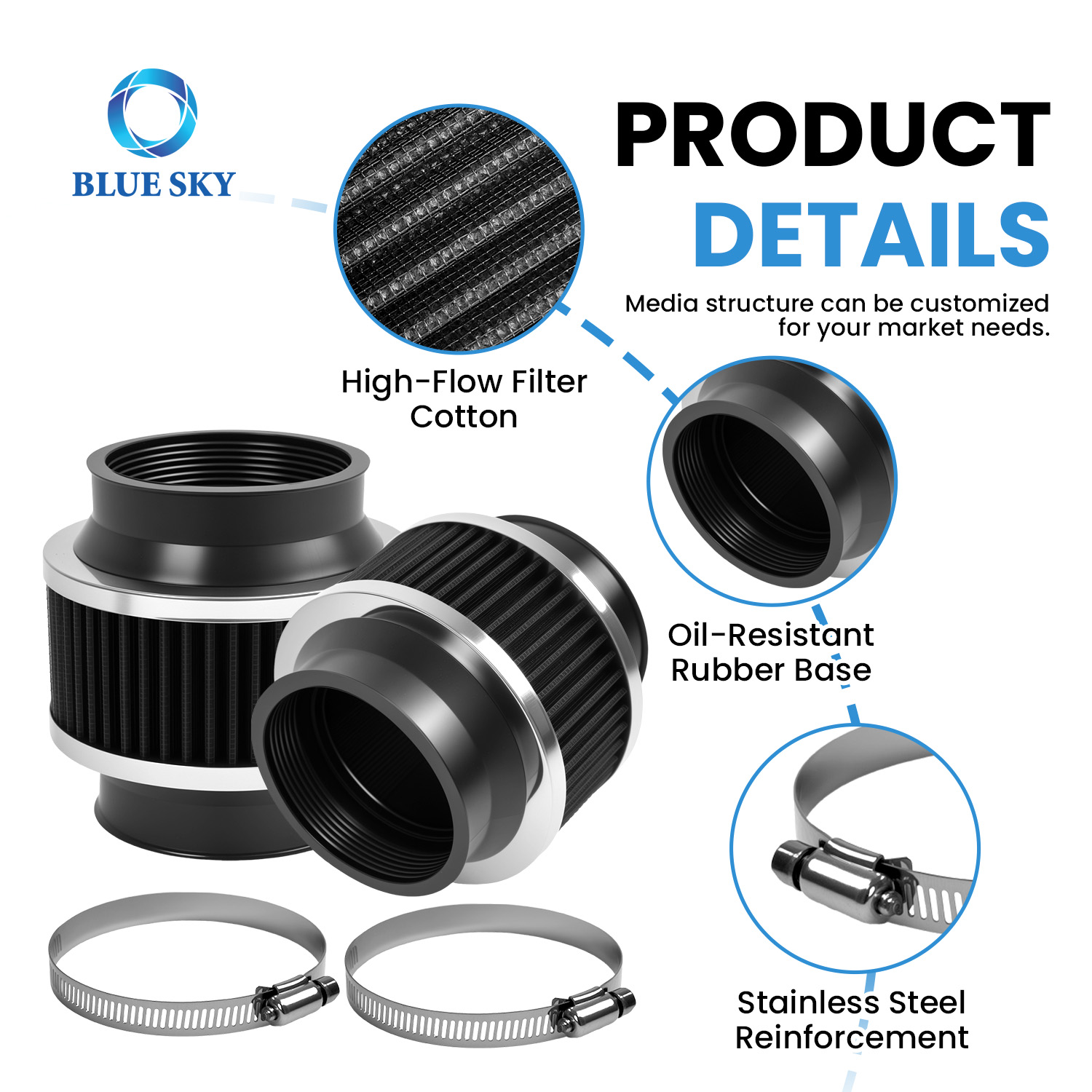 70mm cold air intake bypass valve filter universal clamp-on high flow engine protection air filter for automotive intake system