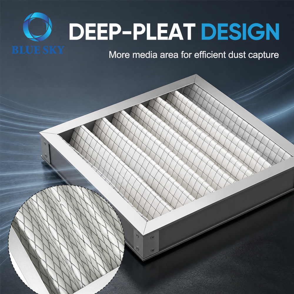 294 × 294 × 45 mm G4 pleated panel air filter with synthetic media, support mesh and metal frame for HVAC pre-filtration