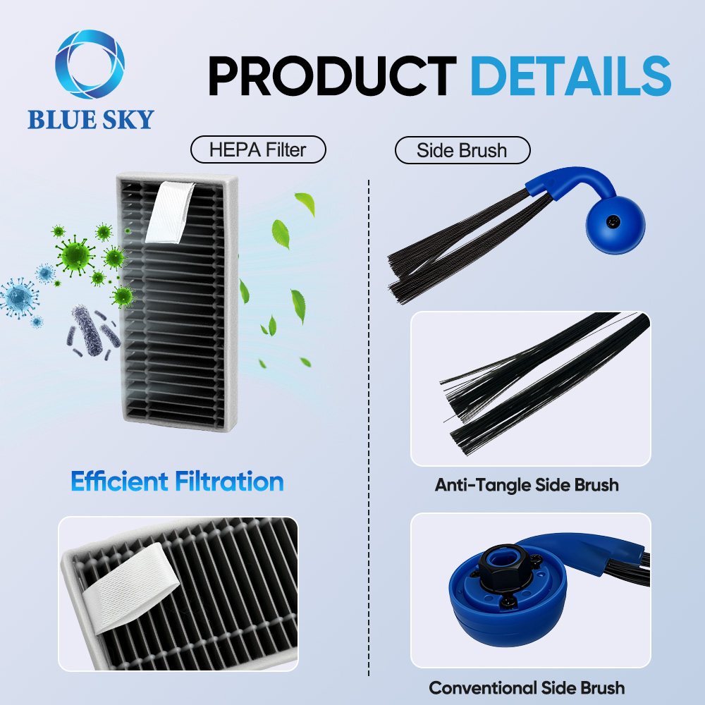 Robot vacuum accessory kit details showing main brush side brush HEPA filter mop pad and dust bag replacement parts