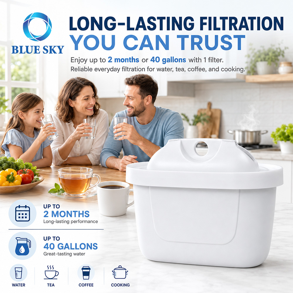 White water filter pitcher replacement cartridge with coconut shell activated carbon and multi-layer media for gravity filtration