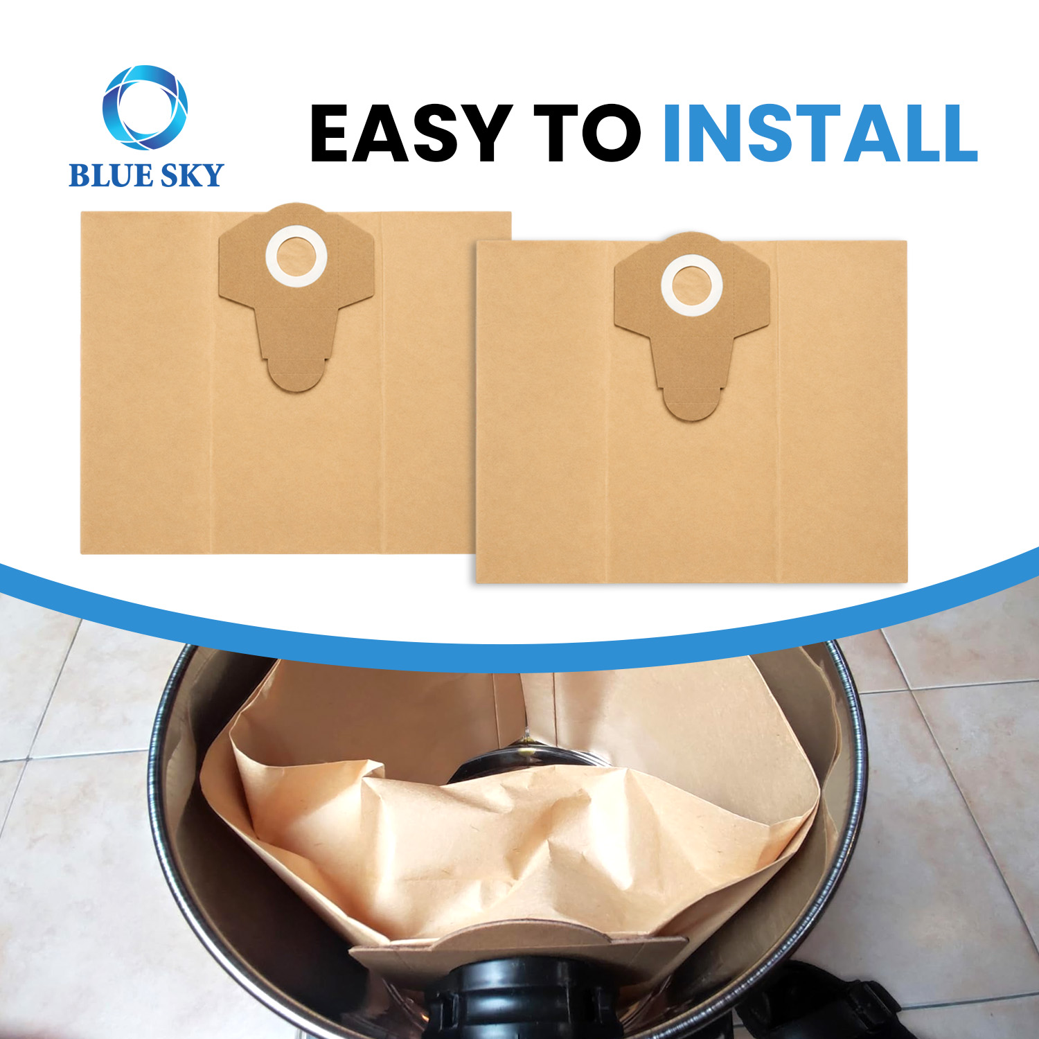 20L paper dust filter bag details showing reinforced inlet collar durable paper material sealed edges and large collection capacity