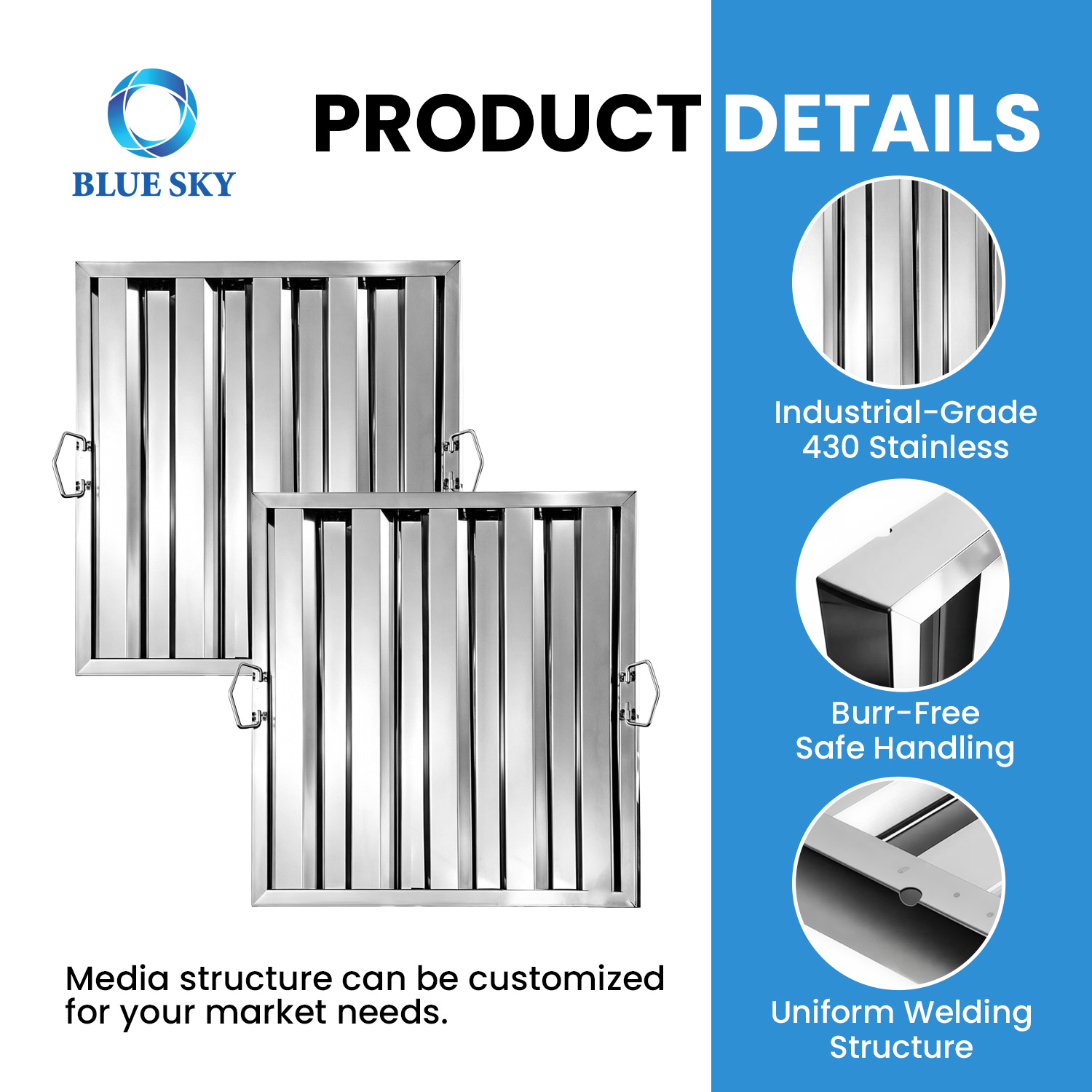 19.5 X 19.5 Inch Commercial Kitchen Hood Grease Filter - 201 Stainless Steel Exhaust Hood Filter Customized Available