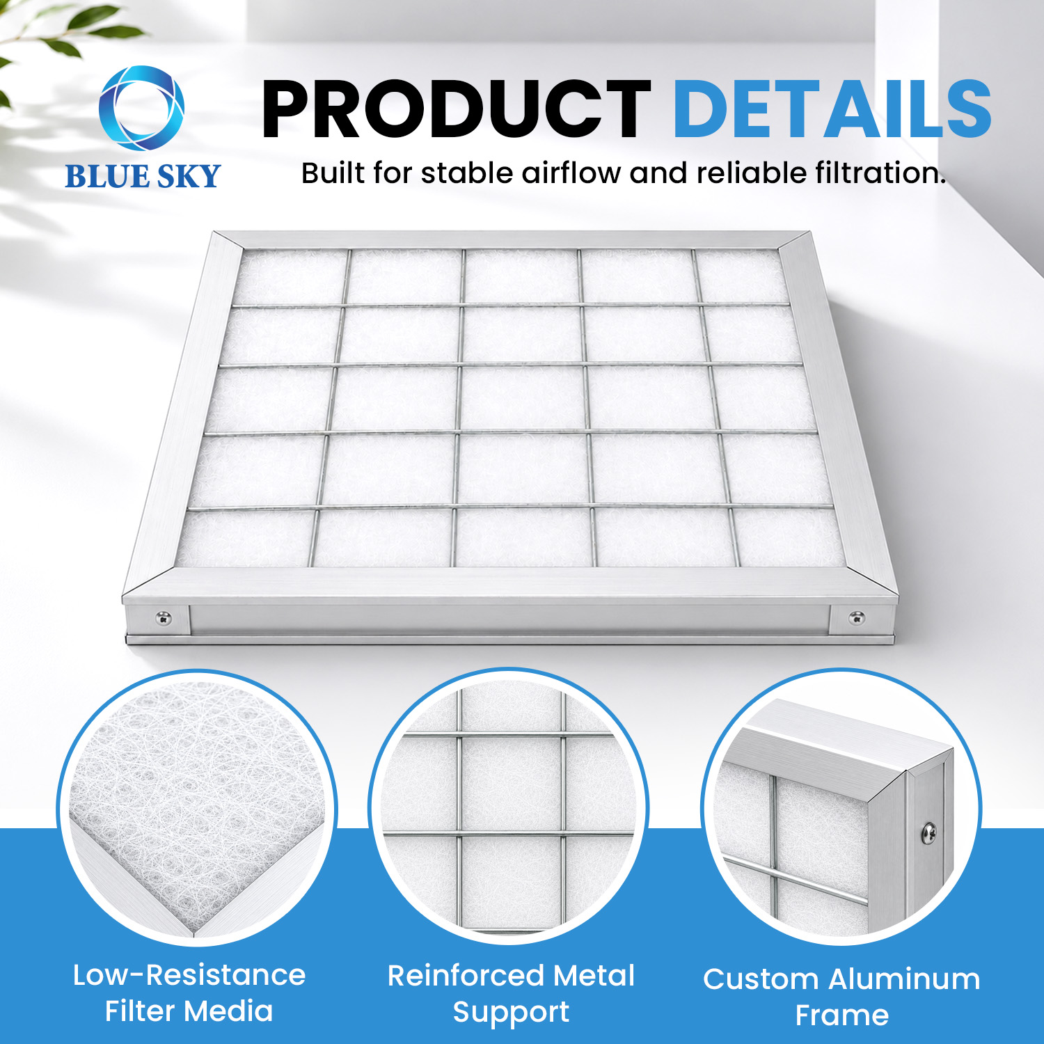 Aluminum frame flat panel pre-filter with white synthetic fiber media and metal grid support for HVAC and AHU ventilation systems