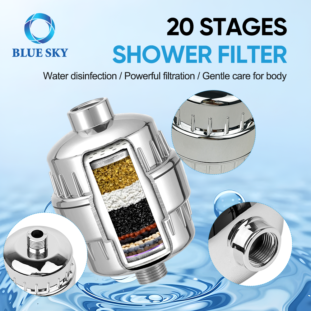 Silver-finish 15/20-stage shower filter with activated carbon and a replaceable cartridge for compatible bathroom shower fittings
