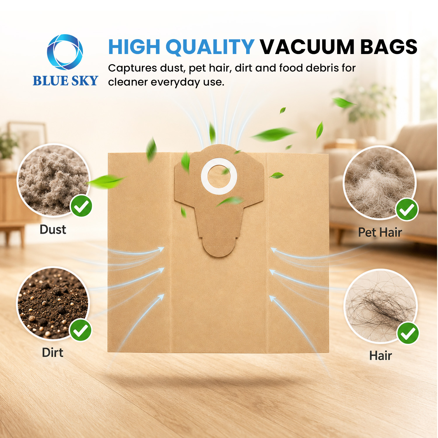 20L paper dust filter bag details showing reinforced inlet collar durable paper material sealed edges and large collection capacity