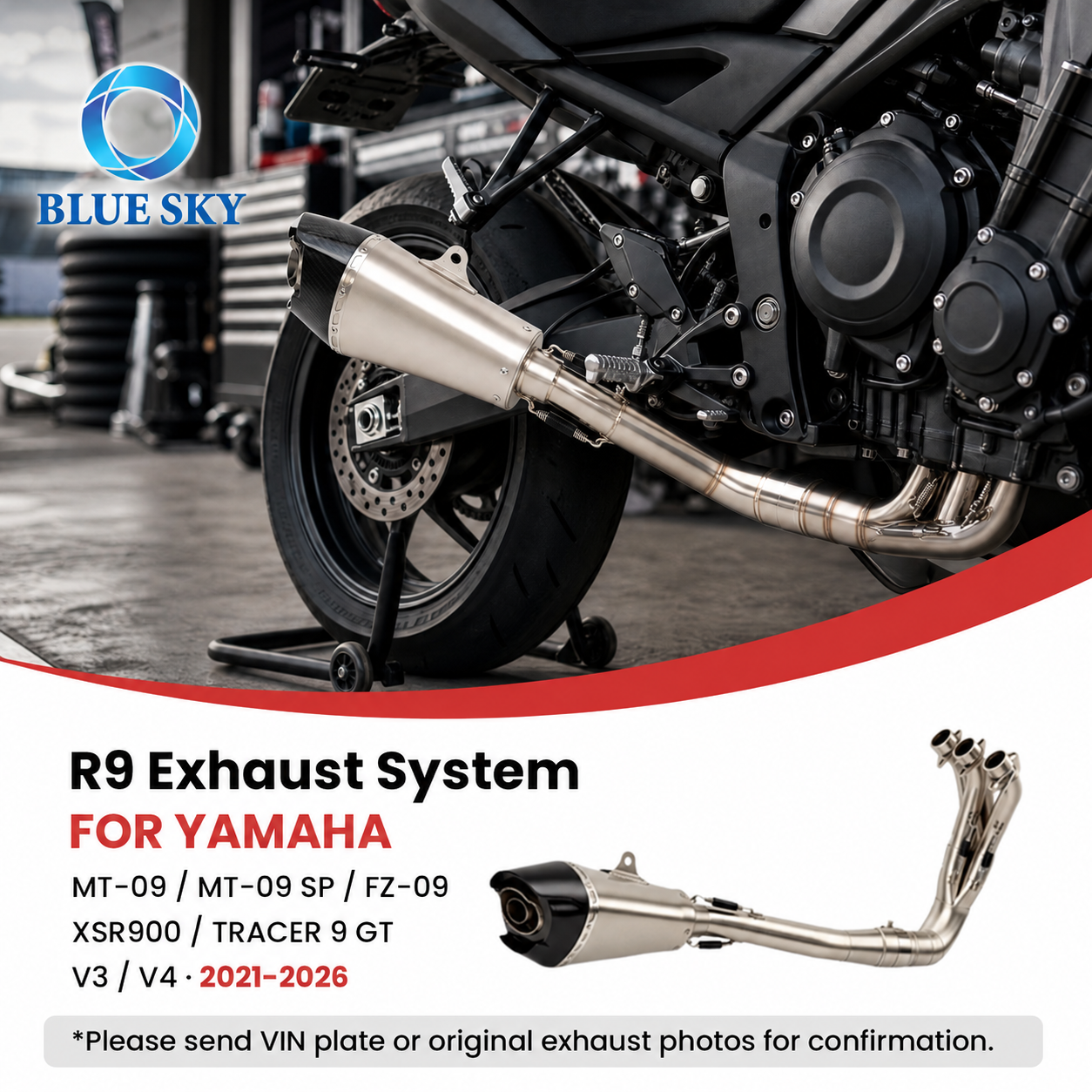 Stainless steel motorcycle exhaust system with three header pipes, connecting section and muffler for compatible Yamahas MT-09 versions
