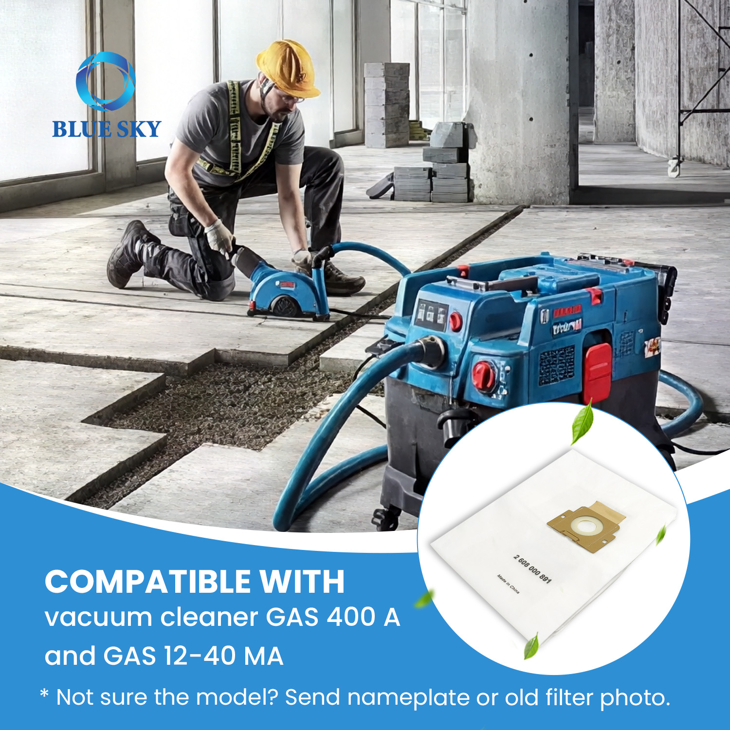 Vacuum cleaner filter bag replacement 2608000891 compatible with Bosch GAS 400 A and GAS 12-40 MA industrial vacuum cleaner