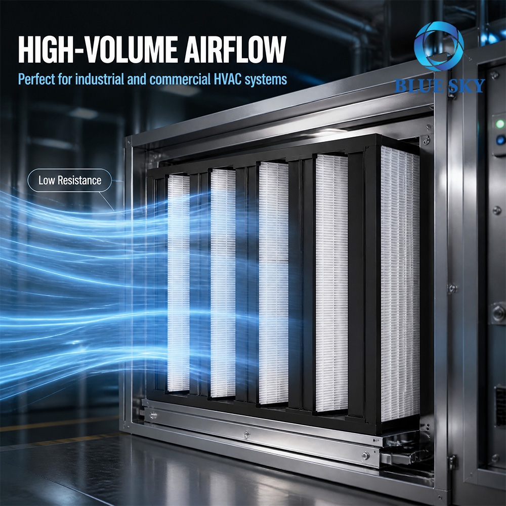 Activated carbon V-bank air filter for HVAC and AHU systems, with pleated molecular media for odor and VOC control