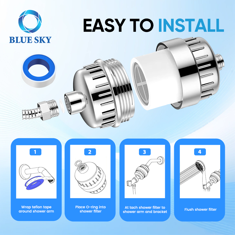 Silver-finish 15/20-stage shower filter with activated carbon and a replaceable cartridge for compatible bathroom shower fittings
