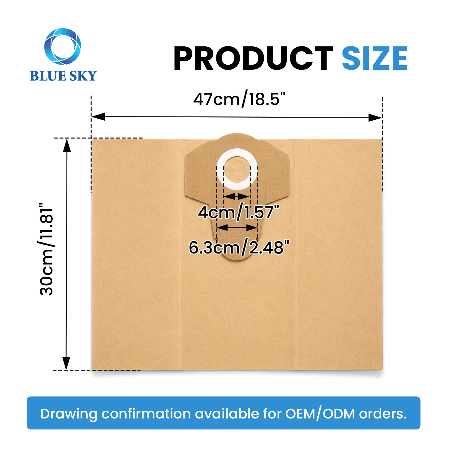 20L paper dust filter bag details showing reinforced inlet collar durable paper material sealed edges and large collection capacity