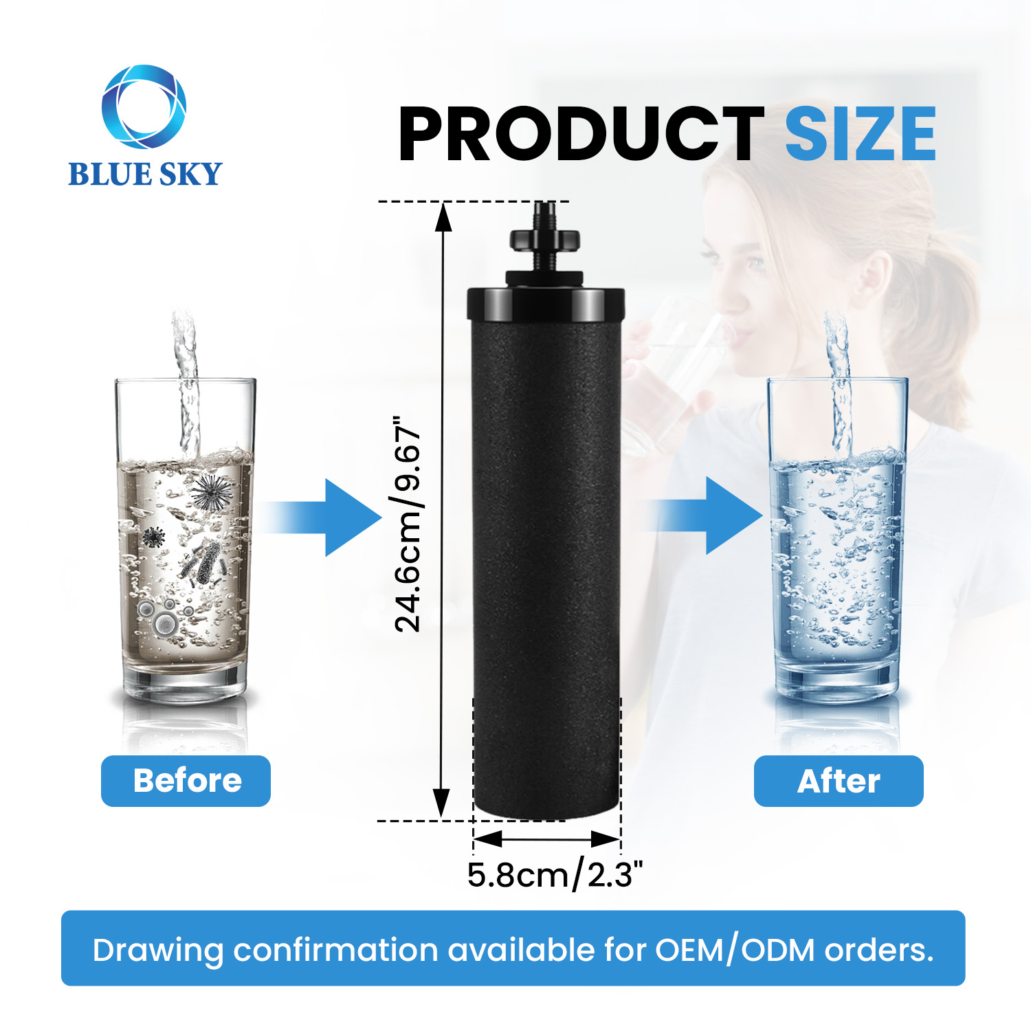 Activated carbon water filter cartridge compatible with Berkey BB9-2 gravity water filtration system replacement element