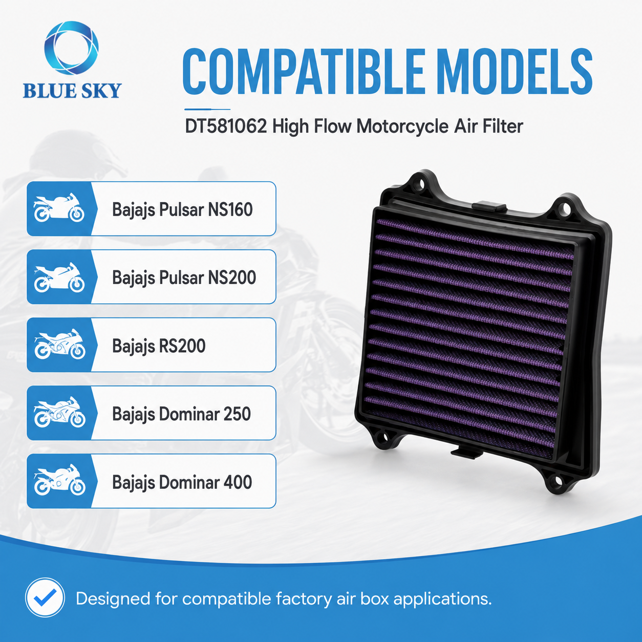 DT581062 motorcycle high flow air filter with multi-layer cotton gauze for Bajajs Pulsar Rouser RS200 NS160 Dominar models