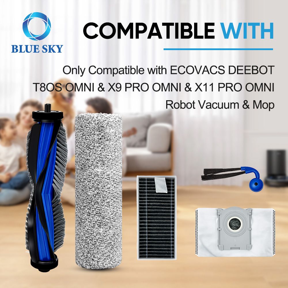 Robot vacuum accessory kit details showing main brush side brush HEPA filter mop pad and dust bag replacement parts