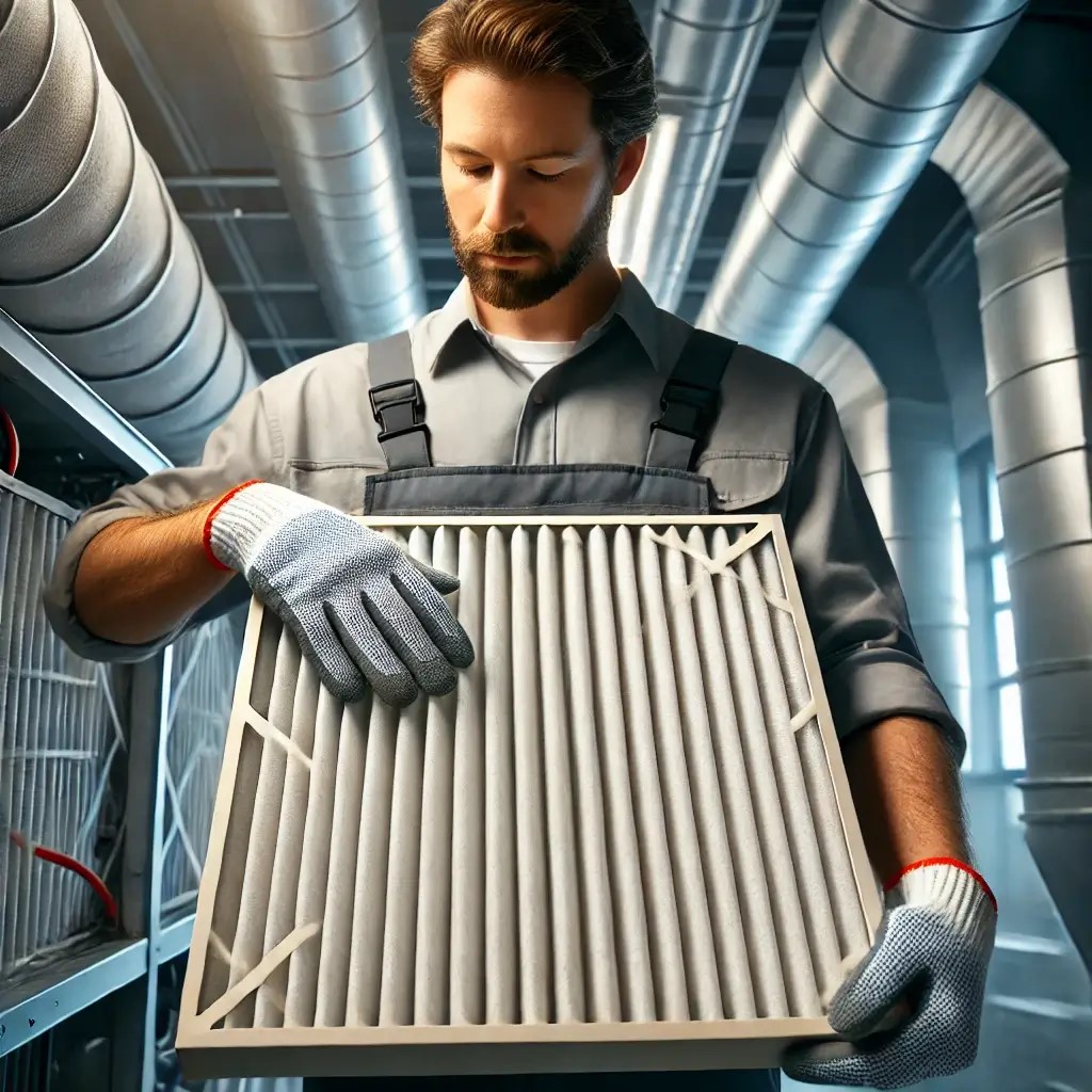 maintenance technician replacing an HVAC filter in a commercial building