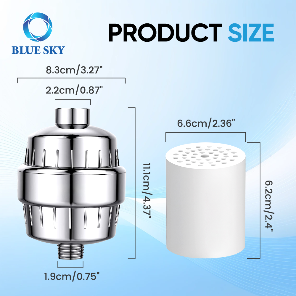 Silver-finish 15/20-stage shower filter with activated carbon and a replaceable cartridge for compatible bathroom shower fittings