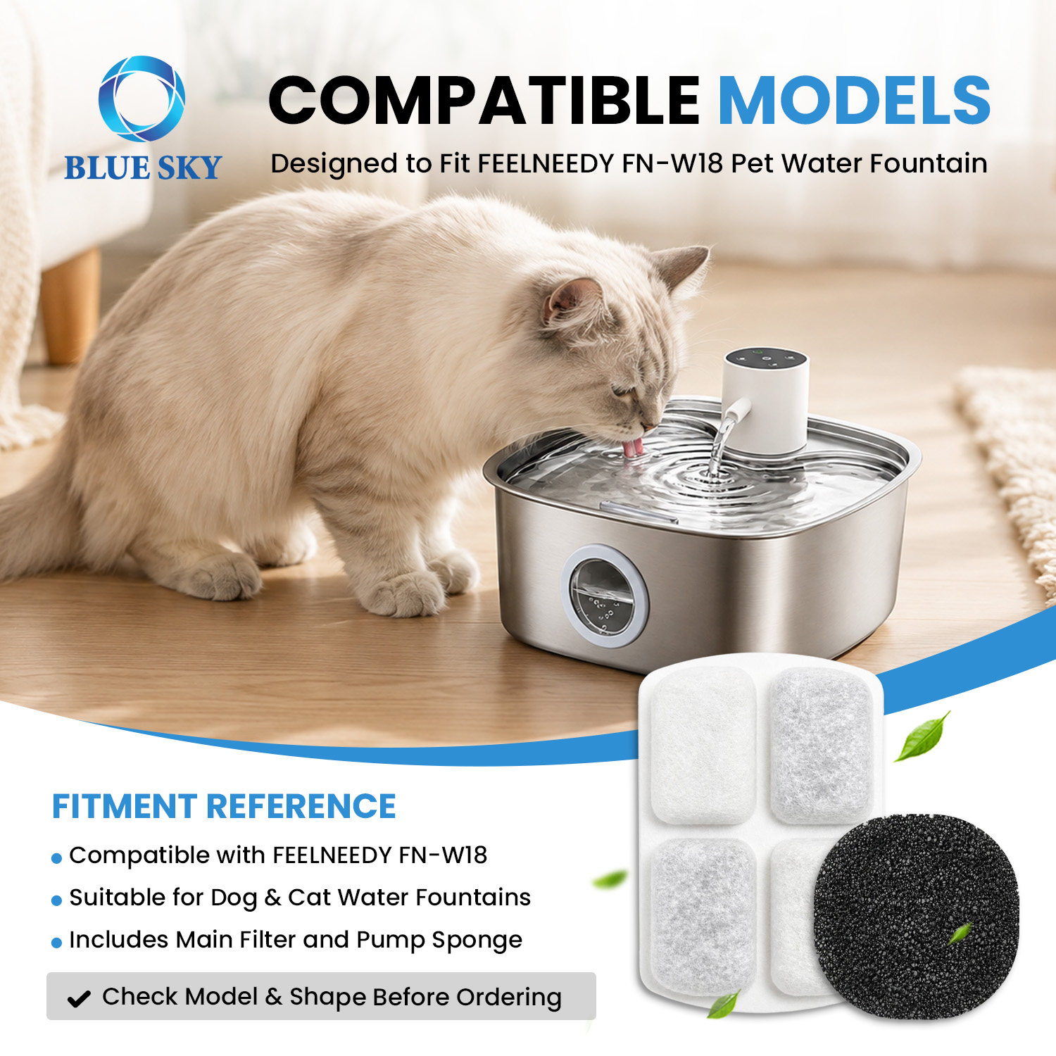 Replacement filter set compatible with FEELNEEDYs FN-W18 pet water fountain, containing eight water filters and eight pump sponges
