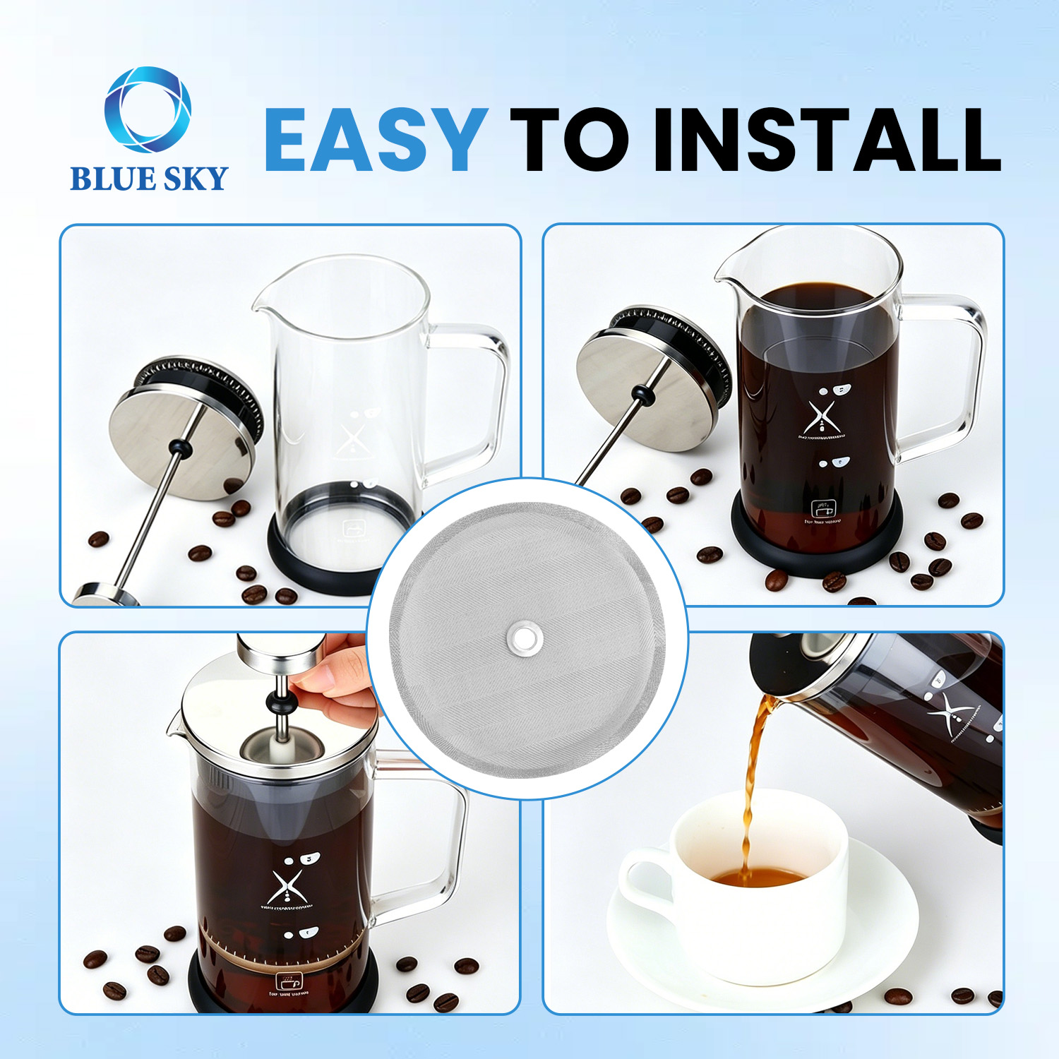 4 inch stainless steel French press replacement filter screen for 1000ml 34oz 8 cup coffee maker reusable coffee filter