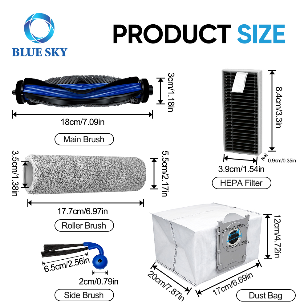 Robot vacuum accessory kit details showing main brush side brush HEPA filter mop pad and dust bag replacement parts