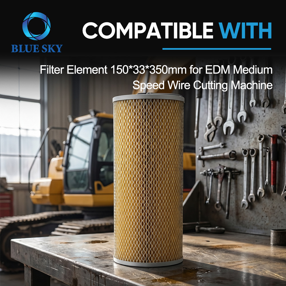 5 micron EDM wire cut filter with pleated paper media, stainless steel end caps and protective mesh, 150 × 33 × 350 mm.