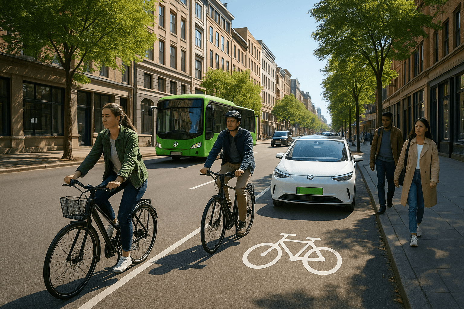 City streets with bicycles, pedestrians, and electric vehicles to illustrate green mobility