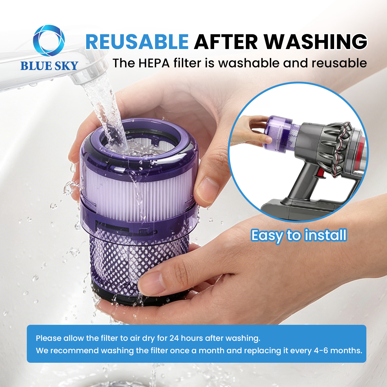 HEPA vacuum filter structure for Dysons SV33 Micro Plus and Micro Origin with washable media and plastic frame design