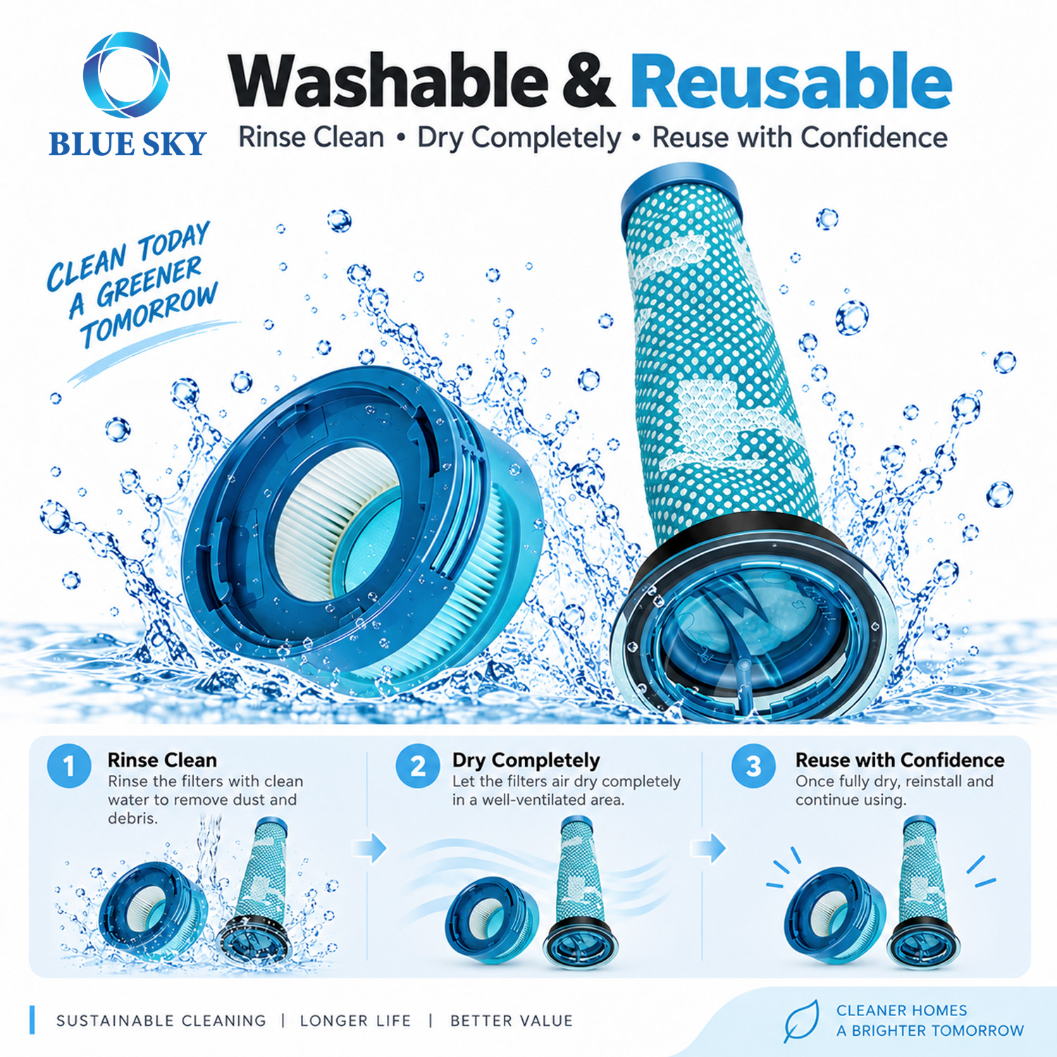 Blue and white pre- and post-filter replacement set for compatible Dysons V10 Konical vacuums, with round and cylindrical filters
