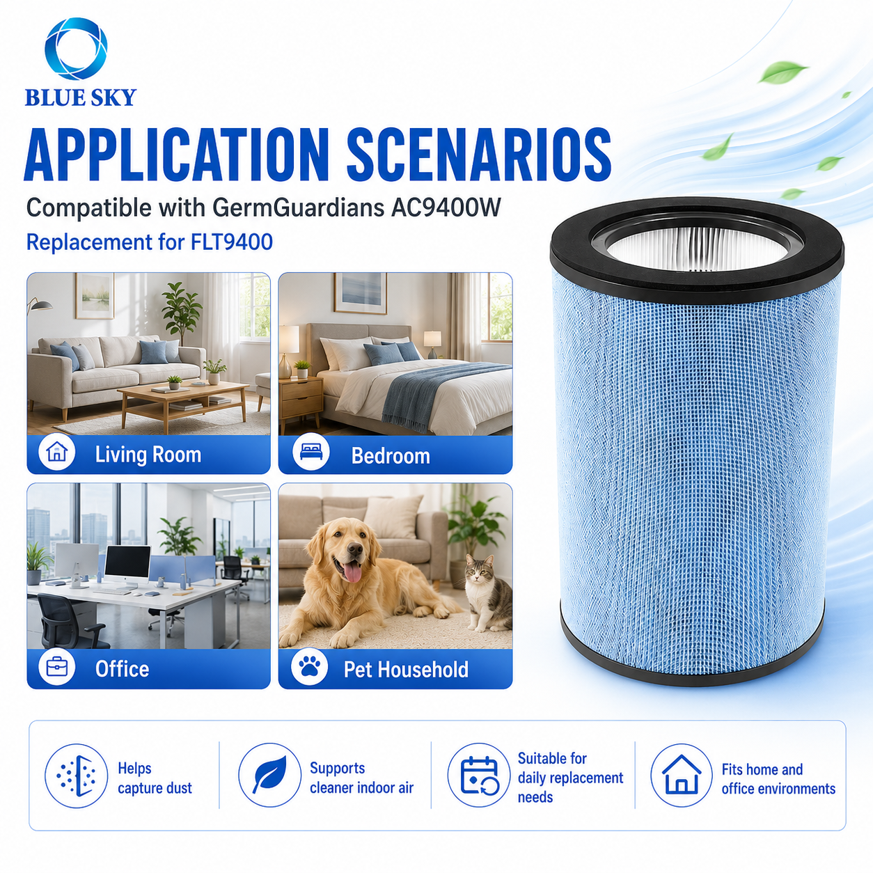 Replacement True HEPA H13 Filter Compatible with GermGuardian AC9400W Air Purifier FLT9400