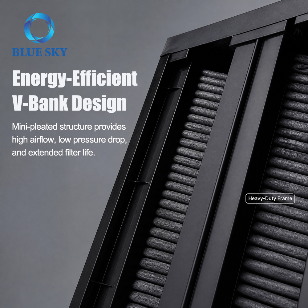 Activated carbon V-bank air filter for HVAC and AHU systems, with pleated molecular media for odor and VOC control