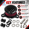 Black finned motorcycle air cleaner kit with red cotton gauze filter and mounting hardware for selected Sportster models