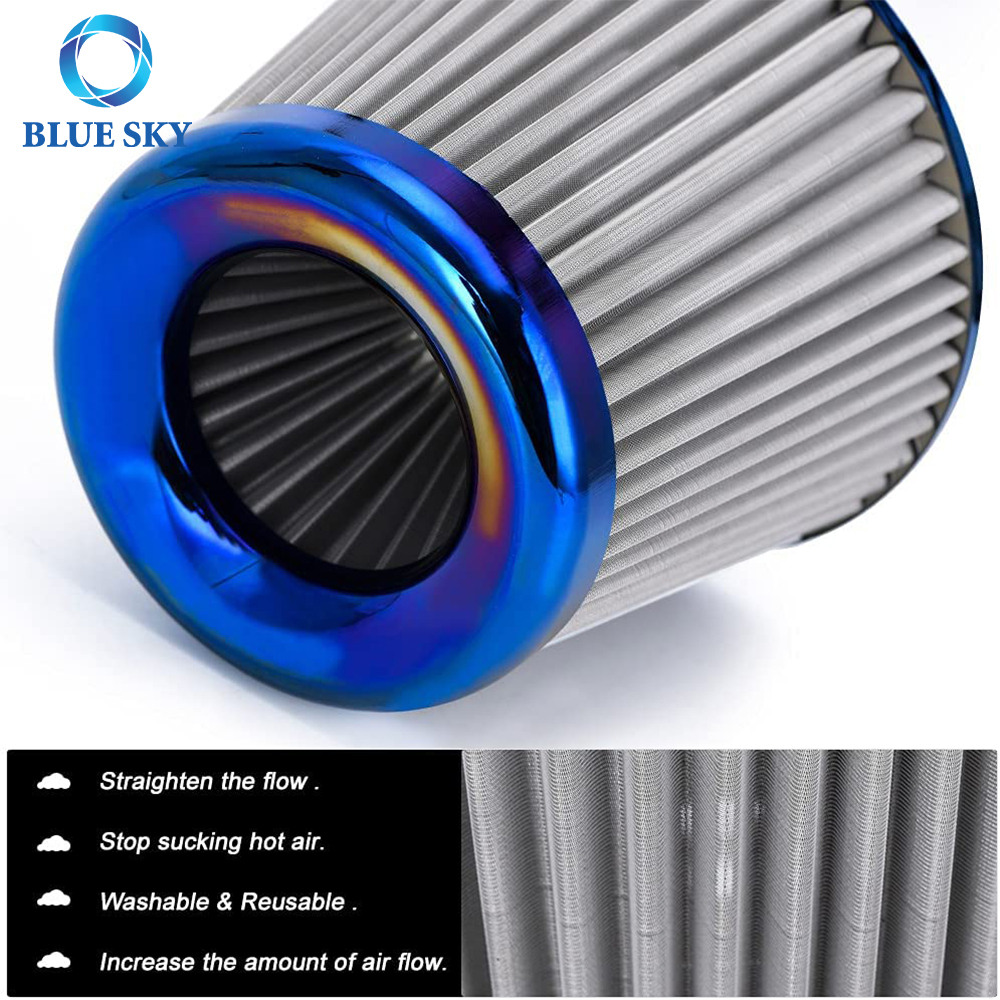 Customized 76mm 3inch Modified Intake High Flow Car Mushroom Head Blue Stainless Steel Mesh Air Filter Element
