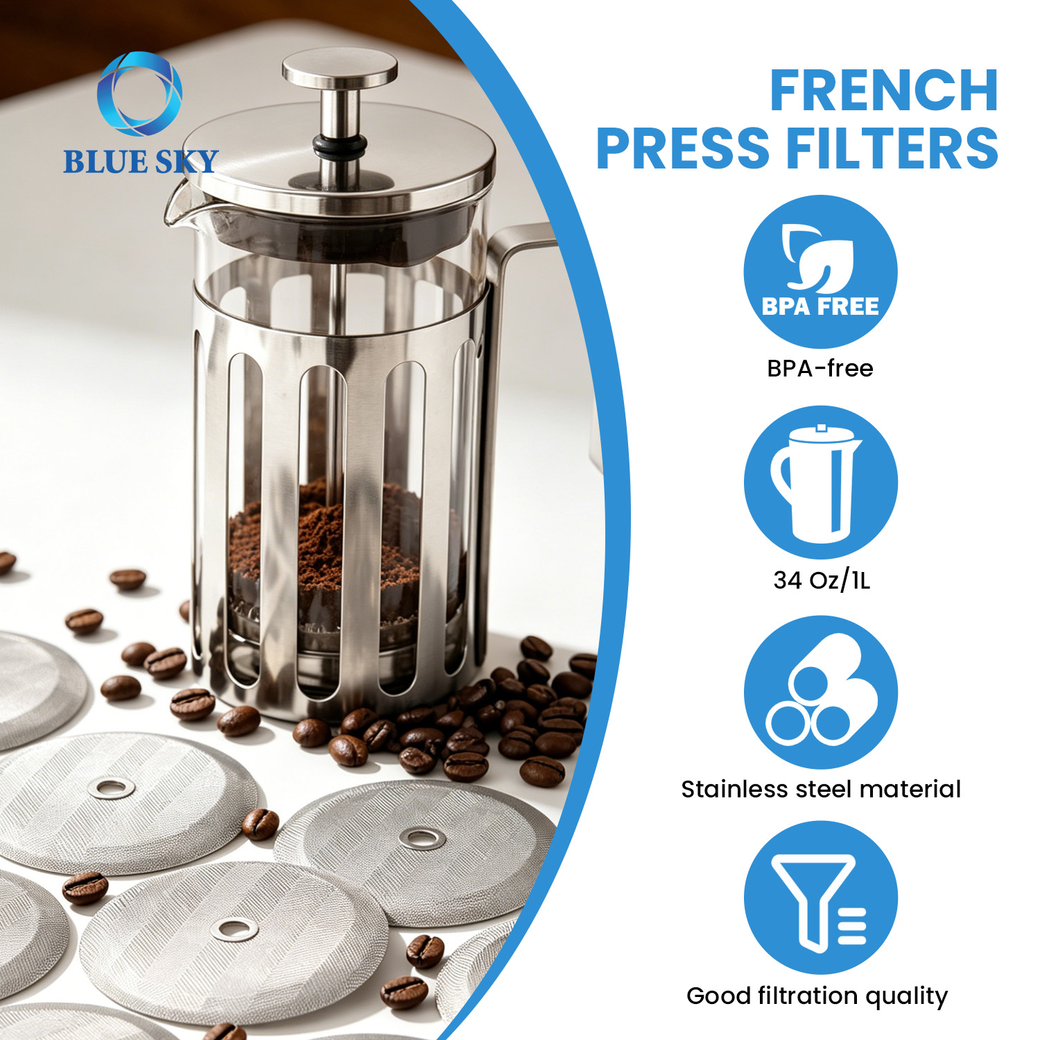 4 inch stainless steel French press replacement filter screen for 1000ml 34oz 8 cup coffee maker reusable coffee filter