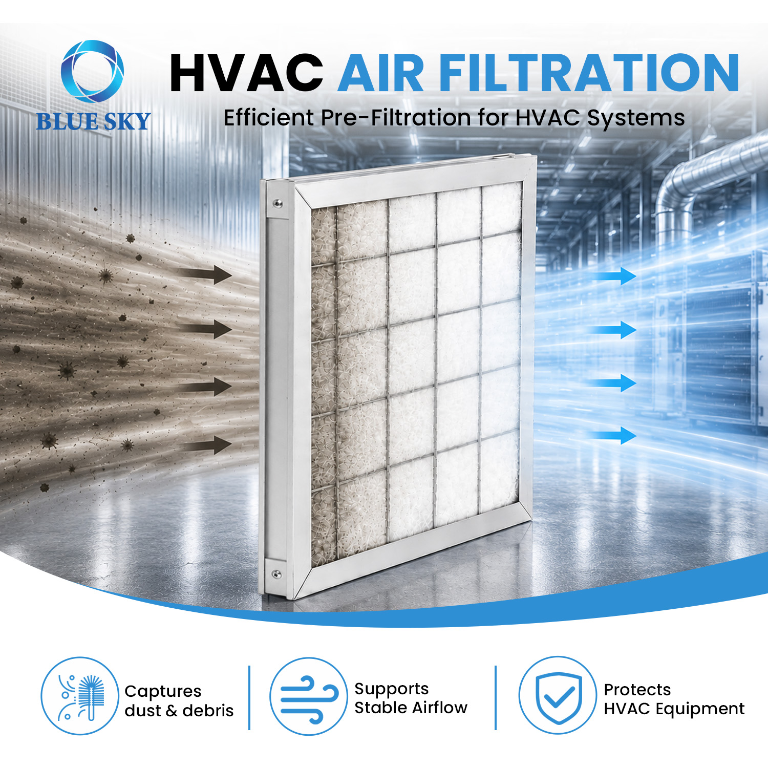 Aluminum frame flat panel pre-filter with white synthetic fiber media and metal grid support for HVAC and AHU ventilation systems