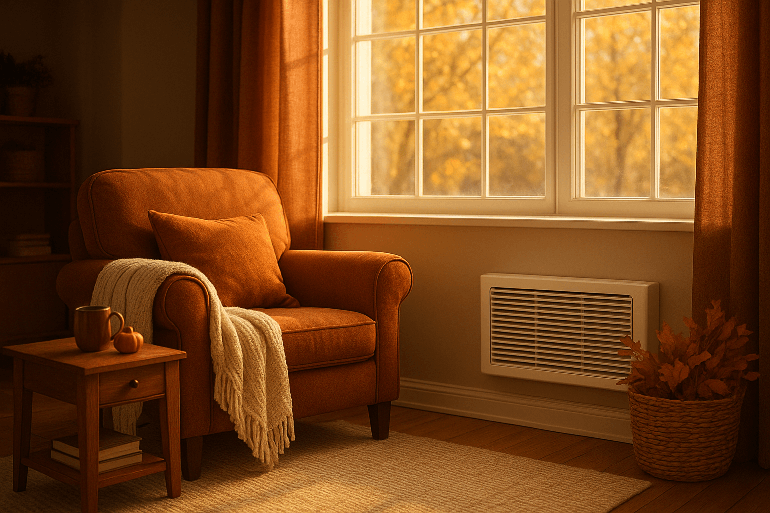 Cozy autumn indoor scene with sunlight through a window and a clean filter highlighted in the HVAC system