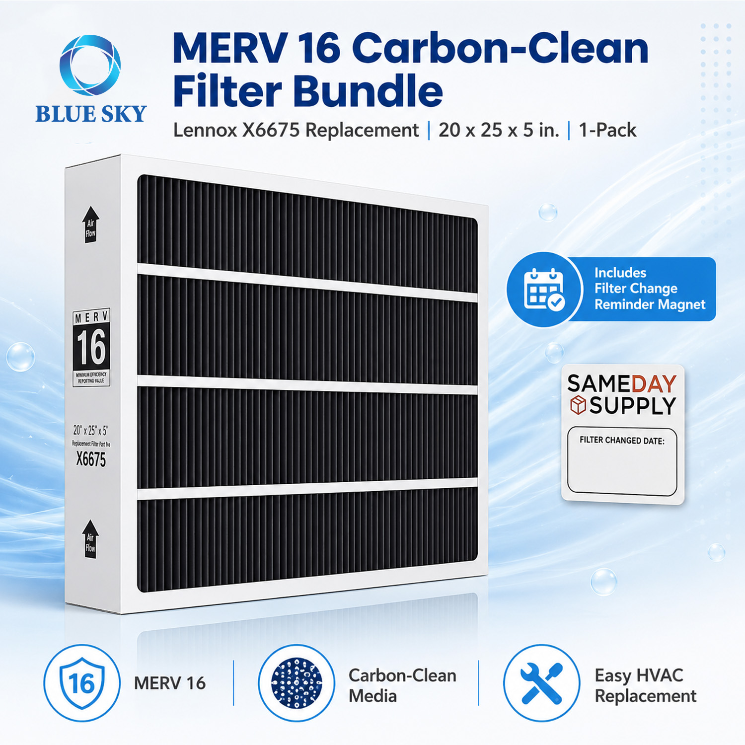 MERV 16 20x25x5 pleated HVAC air filter with activated carbon layer compatible with Lennox X6675 furnace system
