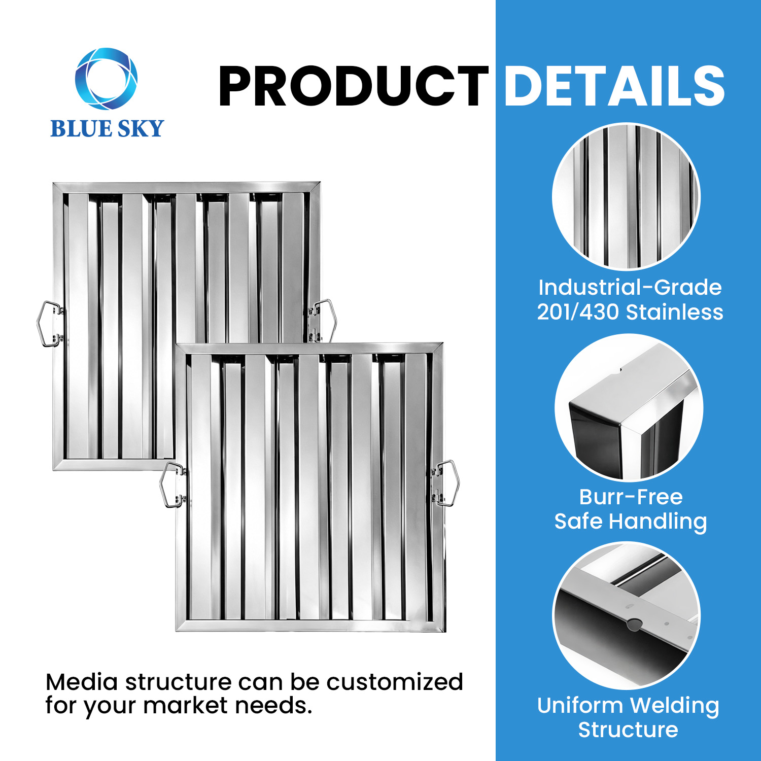 19.5 X 19.5 Inch Commercial Kitchen Hood Grease Filter - 201 Stainless Steel Exhaust Hood Filter Customized Available