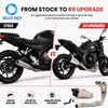 Stainless steel motorcycle exhaust system with three header pipes, connecting section and muffler for compatible Yamahas MT-09 versions