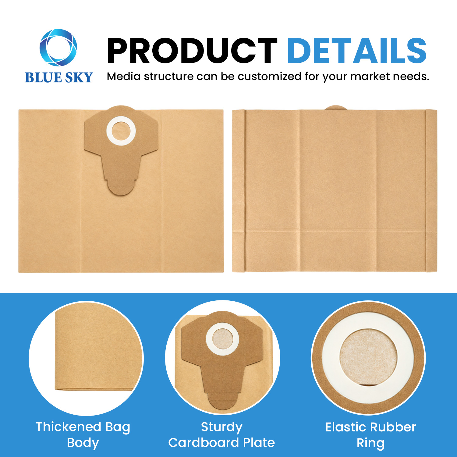 20L paper dust filter bag details showing reinforced inlet collar durable paper material sealed edges and large collection capacity