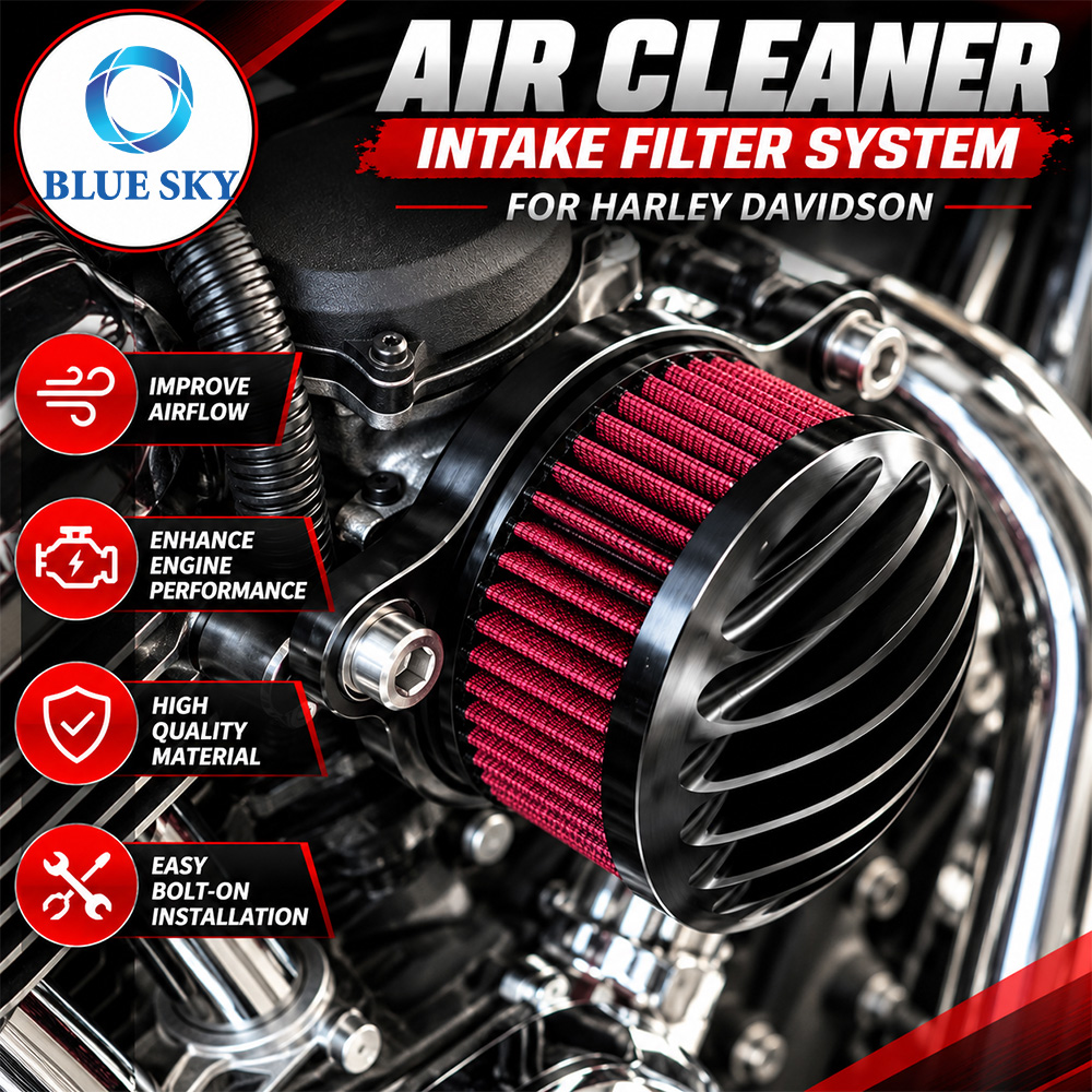 Black finned motorcycle air cleaner kit with red cotton gauze filter and mounting hardware for selected Sportster models