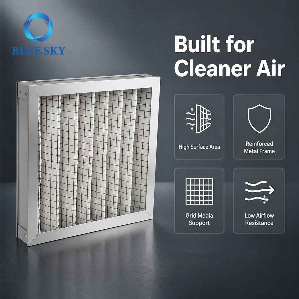 294 × 294 × 45 mm G4 pleated panel air filter with synthetic media, support mesh and metal frame for HVAC pre-filtration